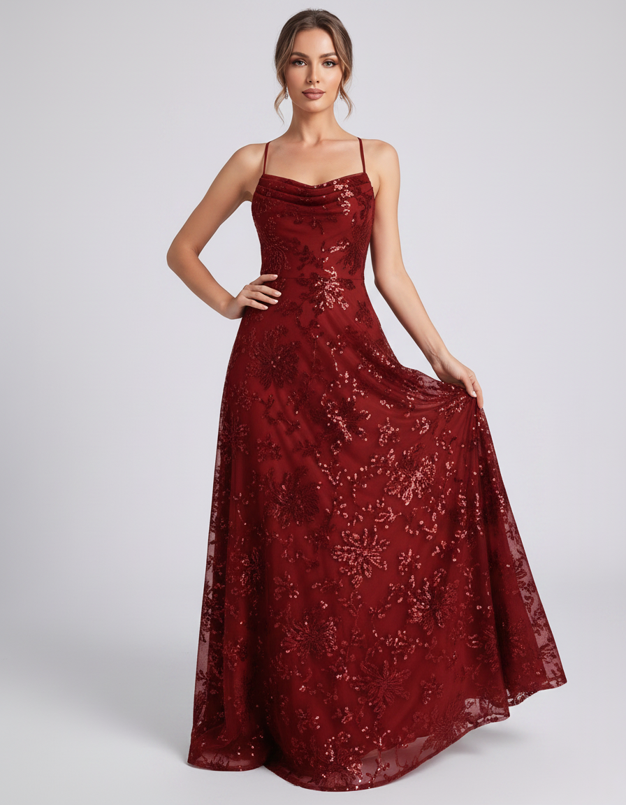 Red Sequined Lace Spaghetti Strap Cowl Neck A-Line Maxi Dress | Ramblion | SKU: CM-726405193847261-RED-L,CM-726405193847261-RED-M,CM-726405193847261-RED-S,CM-726405193847261-RED-XL,CM-726405193847261-RED-XS