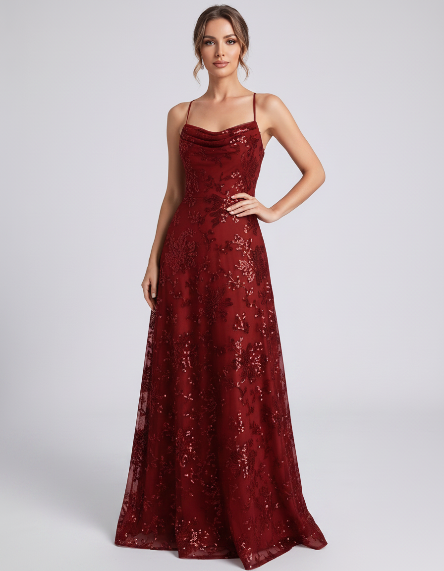 Red Sequined Lace Spaghetti Strap Cowl Neck A-Line Maxi Dress | Ramblion | SKU: CM-726405193847261-RED-L,CM-726405193847261-RED-M,CM-726405193847261-RED-S,CM-726405193847261-RED-XL,CM-726405193847261-RED-XS