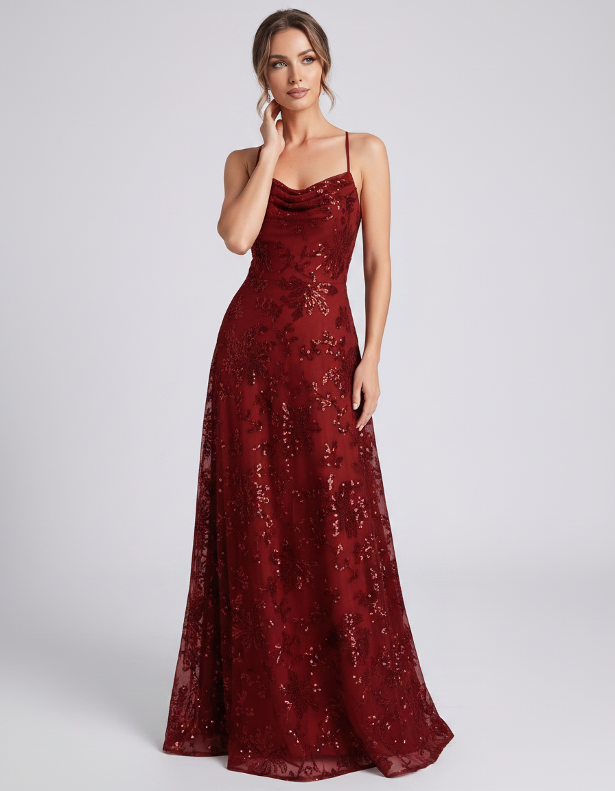 Red Sequined Lace Spaghetti Strap Cowl Neck A-Line Maxi Dress | Ramblion | SKU: CM-726405193847261-RED-L,CM-726405193847261-RED-M,CM-726405193847261-RED-S,CM-726405193847261-RED-XL,CM-726405193847261-RED-XS