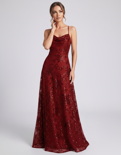 Red Sequined Lace Spaghetti Strap Cowl Neck A-Line Maxi Dress | Ramblion | SKU: CM-726405193847261-RED-L,CM-726405193847261-RED-M,CM-726405193847261-RED-S,CM-726405193847261-RED-XL,CM-726405193847261-RED-XS