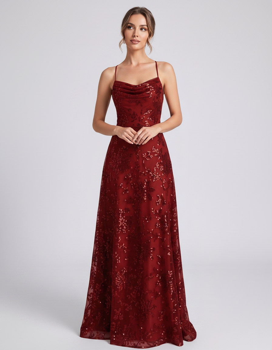 Red Sequined Lace Spaghetti Strap Cowl Neck A-Line Maxi Dress | Ramblion | SKU: CM-726405193847261-RED-L,CM-726405193847261-RED-M,CM-726405193847261-RED-S,CM-726405193847261-RED-XL,CM-726405193847261-RED-XS