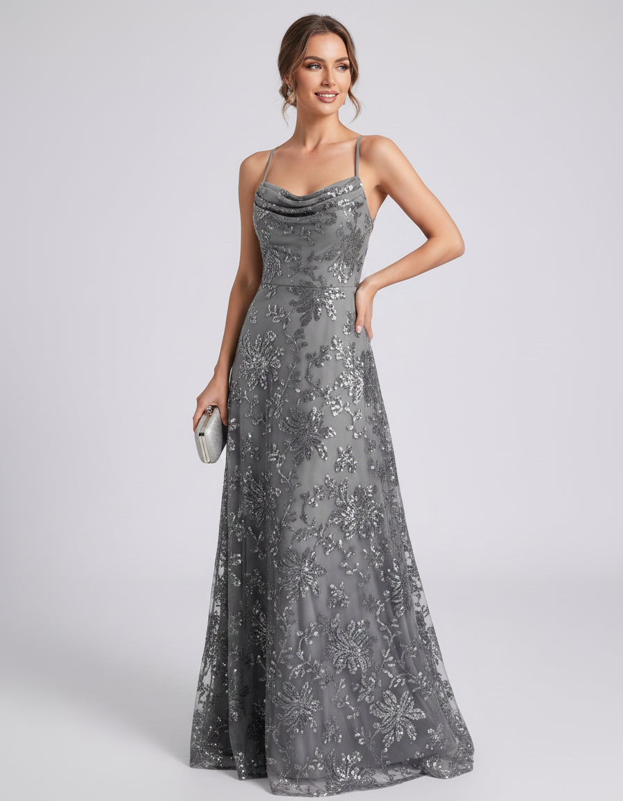 Silver Sequined Lace Spaghetti Strap Cowl Neck A-Line Maxi Dress | Ramblion | SKU: CM-726405193847261-SILVER-L,CM-726405193847261-SILVER-M,CM-726405193847261-SILVER-S,CM-726405193847261-SILVER-XL,CM-726405193847261-SILVER-XS