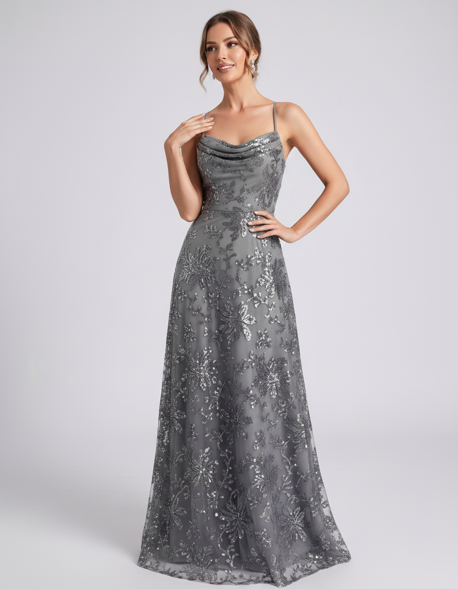 Silver Sequined Lace Spaghetti Strap Cowl Neck A-Line Maxi Dress | Ramblion | SKU: CM-726405193847261-SILVER-L,CM-726405193847261-SILVER-M,CM-726405193847261-SILVER-S,CM-726405193847261-SILVER-XL,CM-726405193847261-SILVER-XS