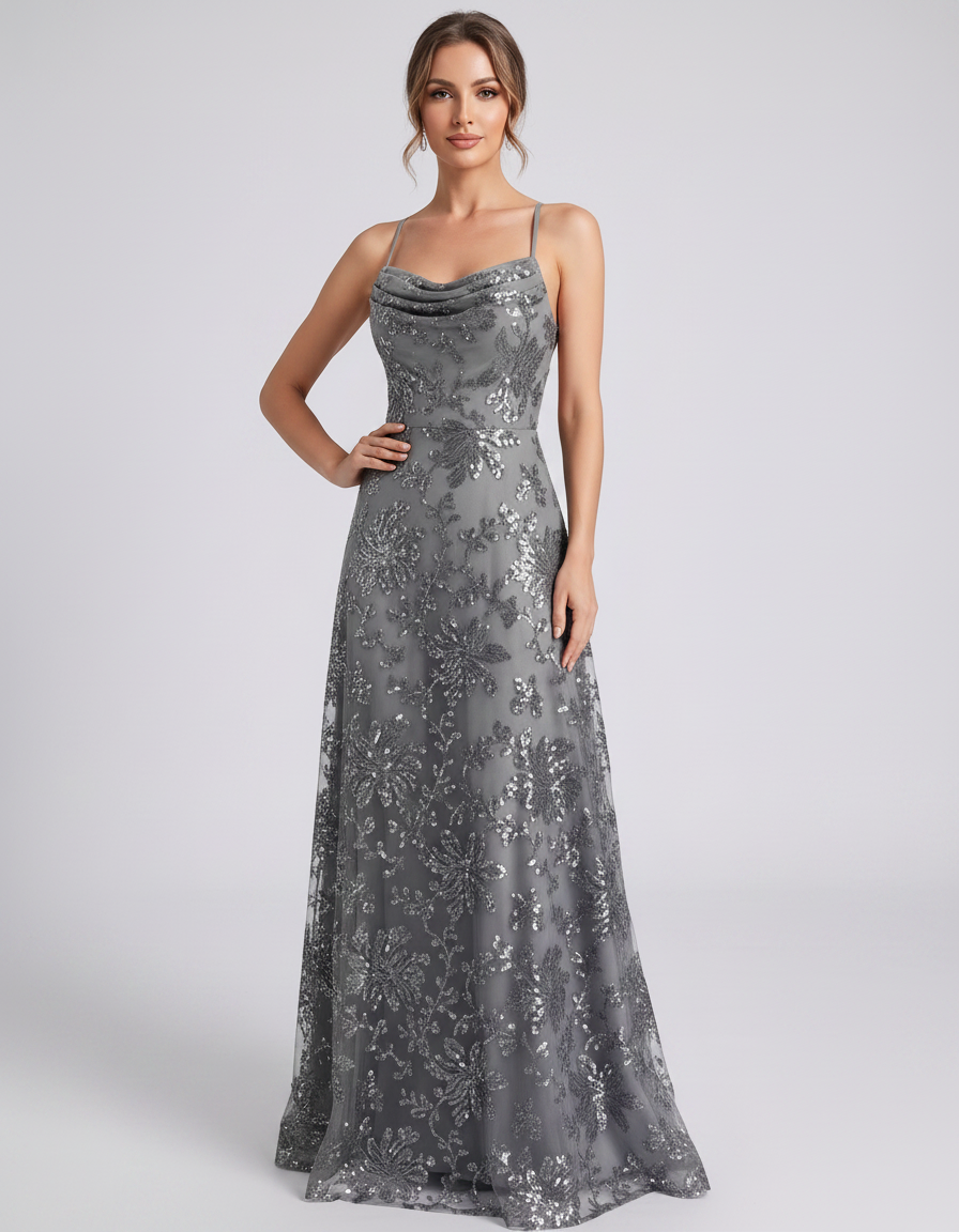 Silver Sequined Lace Spaghetti Strap Cowl Neck A-Line Maxi Dress | Ramblion | SKU: CM-726405193847261-SILVER-L,CM-726405193847261-SILVER-M,CM-726405193847261-SILVER-S,CM-726405193847261-SILVER-XL,CM-726405193847261-SILVER-XS