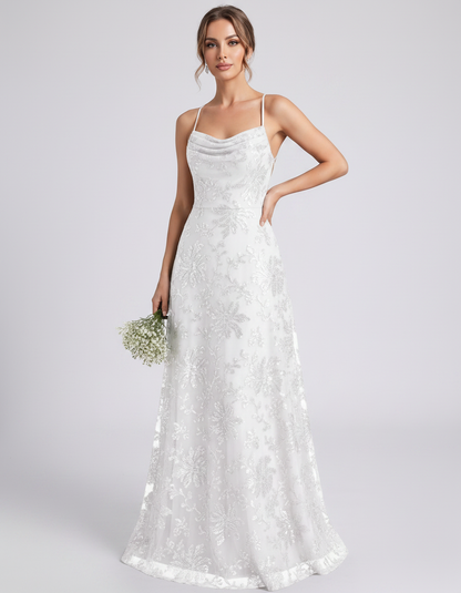 White Sequined Lace Spaghetti Strap Cowl Neck A-Line Maxi Dress | Ramblion | SKU: CM-726405193847261-WHITE-L,CM-726405193847261-WHITE-M,CM-726405193847261-WHITE-S,CM-726405193847261-WHITE-XL,CM-726405193847261-WHITE-XS