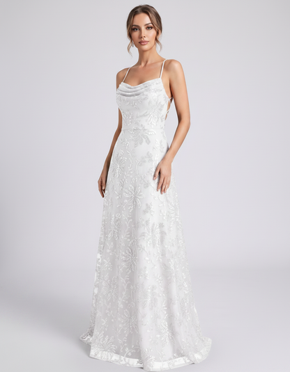 White Sequined Lace Spaghetti Strap Cowl Neck A-Line Maxi Dress | Ramblion | SKU: CM-726405193847261-WHITE-L,CM-726405193847261-WHITE-M,CM-726405193847261-WHITE-S,CM-726405193847261-WHITE-XL,CM-726405193847261-WHITE-XS