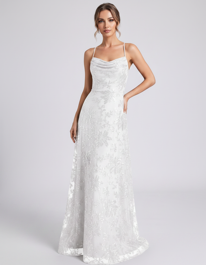 White Sequined Lace Spaghetti Strap Cowl Neck A-Line Maxi Dress | Ramblion | SKU: CM-726405193847261-WHITE-L,CM-726405193847261-WHITE-M,CM-726405193847261-WHITE-S,CM-726405193847261-WHITE-XL,CM-726405193847261-WHITE-XS