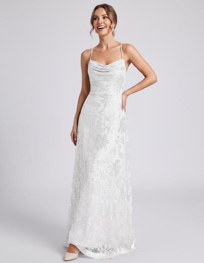White Sequined Lace Spaghetti Strap Cowl Neck A-Line Maxi Dress | Ramblion | SKU: CM-726405193847261-WHITE-L,CM-726405193847261-WHITE-M,CM-726405193847261-WHITE-S,CM-726405193847261-WHITE-XL,CM-726405193847261-WHITE-XS