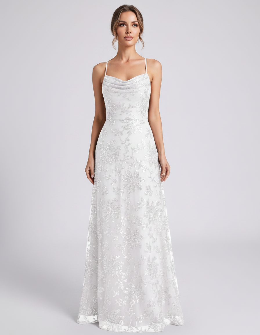 White Sequined Lace Spaghetti Strap Cowl Neck A-Line Maxi Dress | Ramblion | SKU: CM-726405193847261-WHITE-L,CM-726405193847261-WHITE-M,CM-726405193847261-WHITE-S,CM-726405193847261-WHITE-XL,CM-726405193847261-WHITE-XS