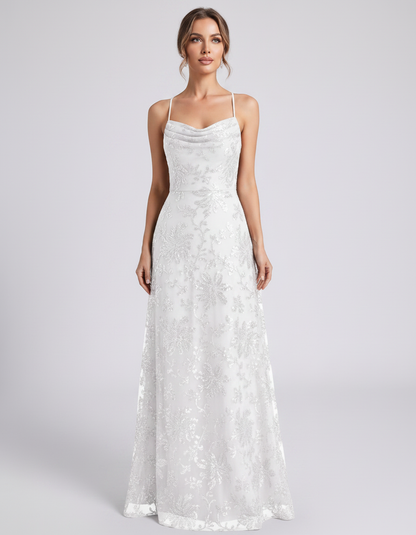 White Sequined Lace Spaghetti Strap Cowl Neck A-Line Maxi Dress | Ramblion | SKU: CM-726405193847261-WHITE-L,CM-726405193847261-WHITE-M,CM-726405193847261-WHITE-S,CM-726405193847261-WHITE-XL,CM-726405193847261-WHITE-XS