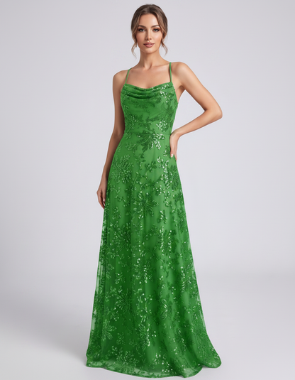 Green Sequined Lace Spaghetti Strap Cowl Neck A-Line Maxi Dress | Ramblion | SKU: CM-726405193847261-GREEN-L,CM-726405193847261-GREEN-M,CM-726405193847261-GREEN-S,CM-726405193847261-GREEN-XL,CM-726405193847261-GREEN-XS