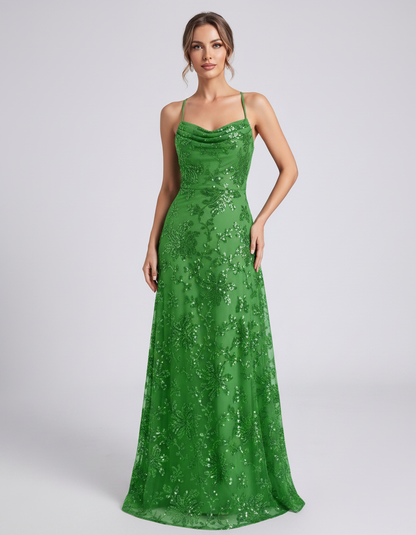 Green Sequined Lace Spaghetti Strap Cowl Neck A-Line Maxi Dress | Ramblion | SKU: CM-726405193847261-GREEN-L,CM-726405193847261-GREEN-M,CM-726405193847261-GREEN-S,CM-726405193847261-GREEN-XL,CM-726405193847261-GREEN-XS