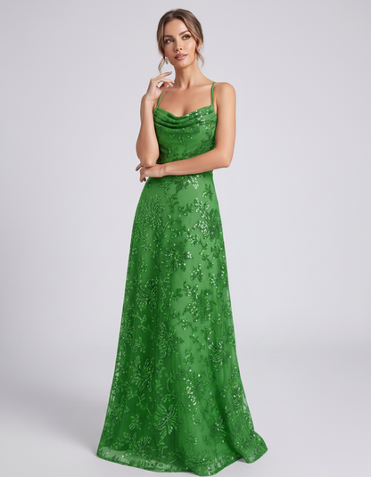 Green Sequined Lace Spaghetti Strap Cowl Neck A-Line Maxi Dress | Ramblion | SKU: CM-726405193847261-GREEN-L,CM-726405193847261-GREEN-M,CM-726405193847261-GREEN-S,CM-726405193847261-GREEN-XL,CM-726405193847261-GREEN-XS