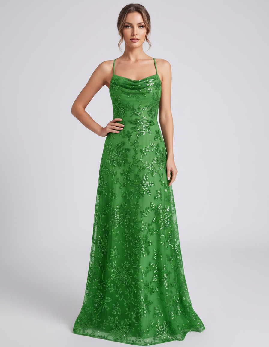 Green Sequined Lace Spaghetti Strap Cowl Neck A-Line Maxi Dress | Ramblion | SKU: CM-726405193847261-GREEN-L,CM-726405193847261-GREEN-M,CM-726405193847261-GREEN-S,CM-726405193847261-GREEN-XL,CM-726405193847261-GREEN-XS