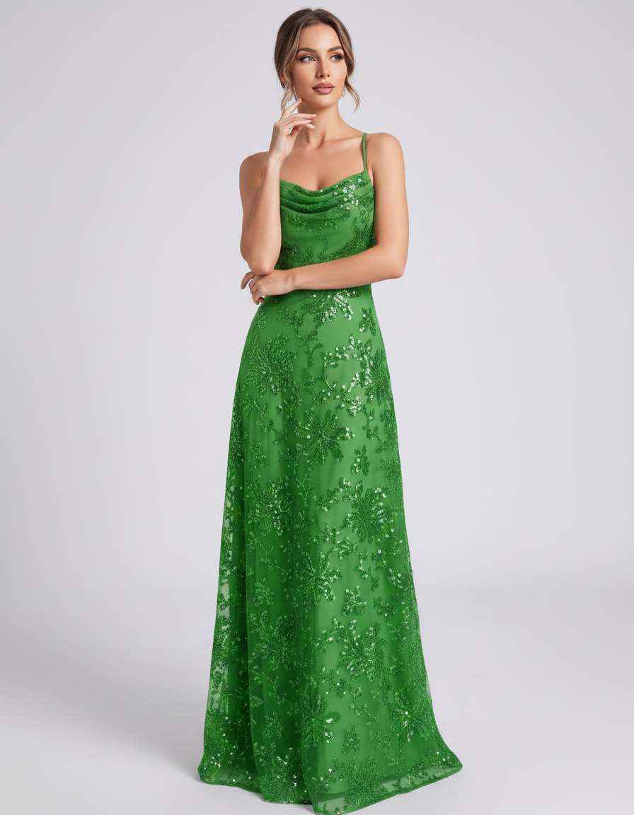 Green Sequined Lace Spaghetti Strap Cowl Neck A-Line Maxi Dress | Ramblion | SKU: CM-726405193847261-GREEN-L,CM-726405193847261-GREEN-M,CM-726405193847261-GREEN-S,CM-726405193847261-GREEN-XL,CM-726405193847261-GREEN-XS