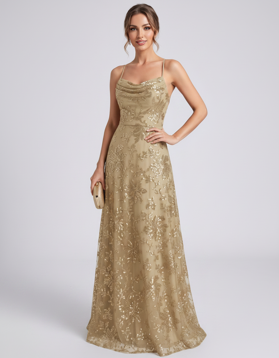 Сhampagne Sequined Lace Spaghetti Strap Cowl Neck A-Line Maxi Dress | Ramblion | SKU: CM-726405193847261-CHAMPAGNE-L,CM-726405193847261-CHAMPAGNE-M,CM-726405193847261-CHAMPAGNE-S,CM-726405193847261-CHAMPAGNE-XL,CM-726405193847261-CHAMPAGNE-XS