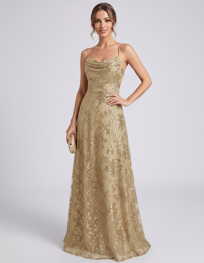 Сhampagne Sequined Lace Spaghetti Strap Cowl Neck A-Line Maxi Dress | Ramblion | SKU: CM-726405193847261-CHAMPAGNE-L,CM-726405193847261-CHAMPAGNE-M,CM-726405193847261-CHAMPAGNE-S,CM-726405193847261-CHAMPAGNE-XL,CM-726405193847261-CHAMPAGNE-XS