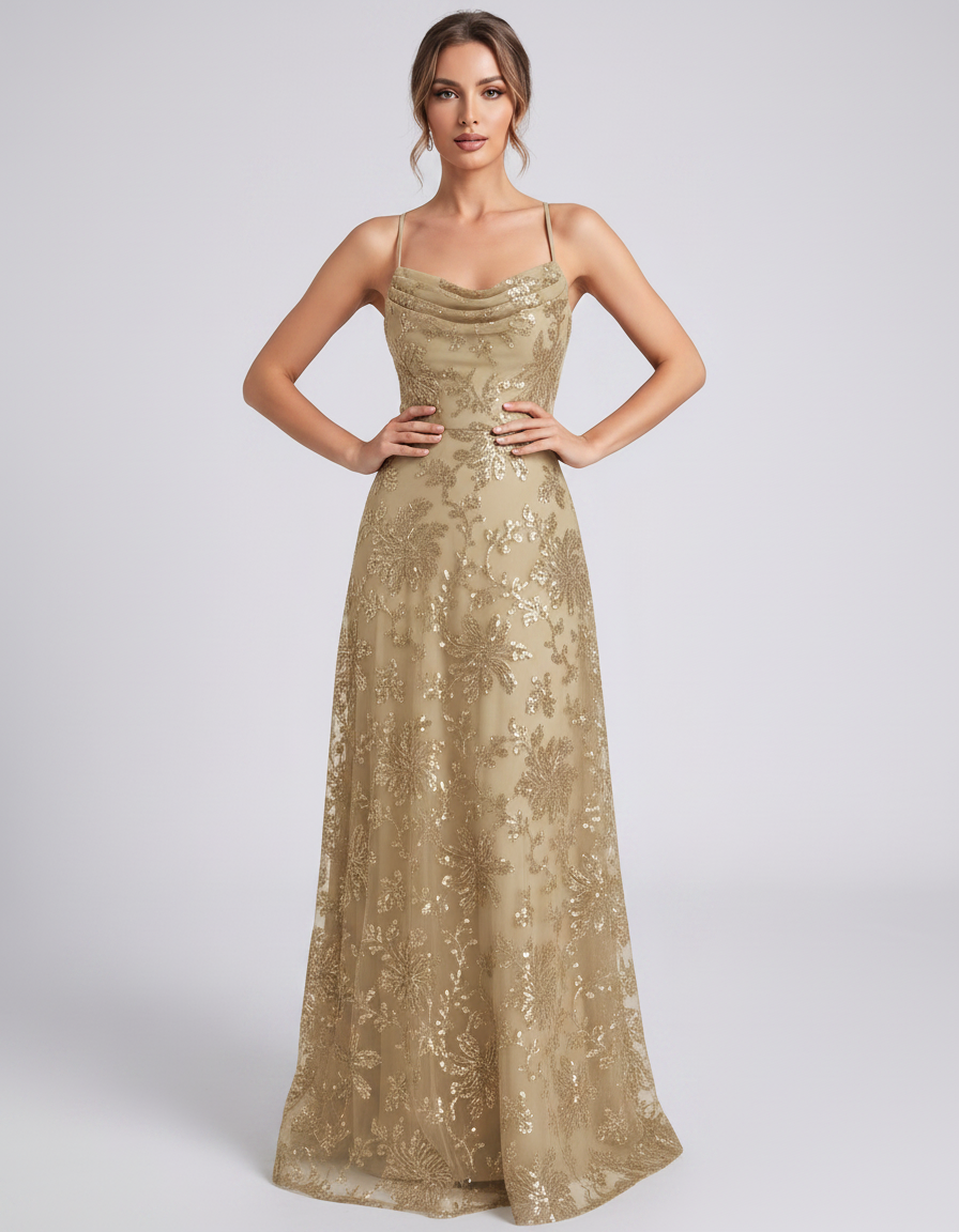 Сhampagne Sequined Lace Spaghetti Strap Cowl Neck A-Line Maxi Dress | Ramblion | SKU: CM-726405193847261-CHAMPAGNE-L,CM-726405193847261-CHAMPAGNE-M,CM-726405193847261-CHAMPAGNE-S,CM-726405193847261-CHAMPAGNE-XL,CM-726405193847261-CHAMPAGNE-XS