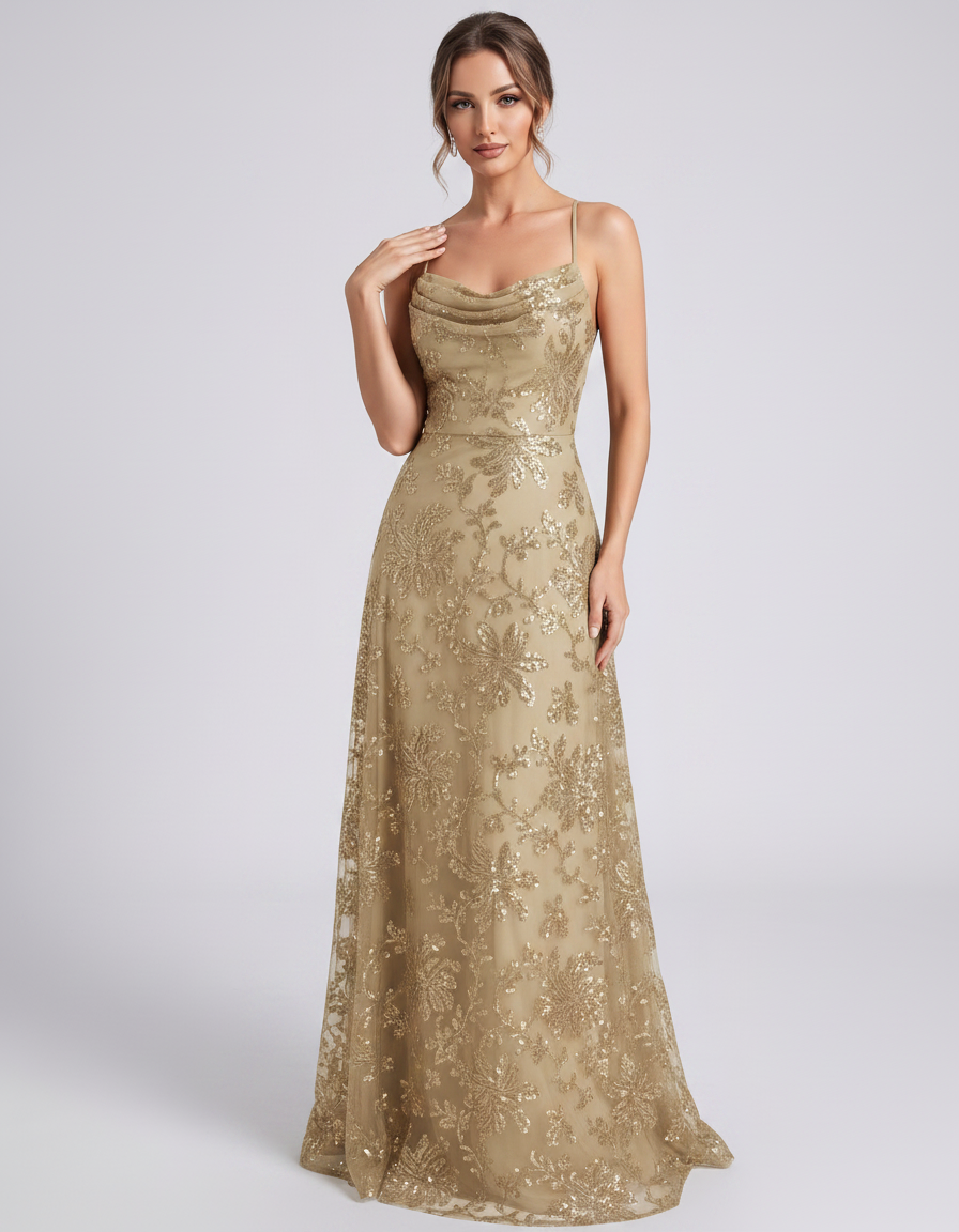 Сhampagne Sequined Lace Spaghetti Strap Cowl Neck A-Line Maxi Dress | Ramblion | SKU: CM-726405193847261-CHAMPAGNE-L,CM-726405193847261-CHAMPAGNE-M,CM-726405193847261-CHAMPAGNE-S,CM-726405193847261-CHAMPAGNE-XL,CM-726405193847261-CHAMPAGNE-XS