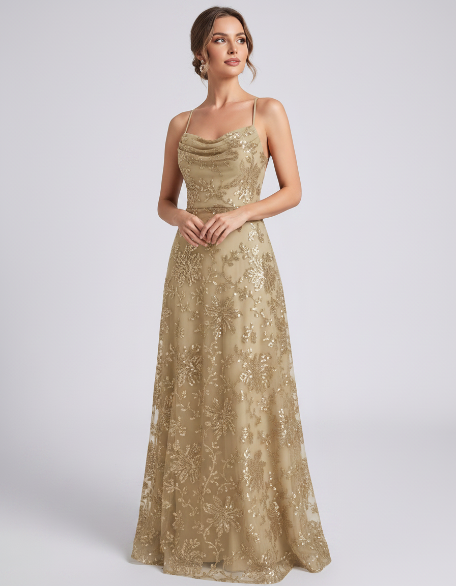 Сhampagne Sequined Lace Spaghetti Strap Cowl Neck A-Line Maxi Dress | Ramblion | SKU: CM-726405193847261-CHAMPAGNE-L,CM-726405193847261-CHAMPAGNE-M,CM-726405193847261-CHAMPAGNE-S,CM-726405193847261-CHAMPAGNE-XL,CM-726405193847261-CHAMPAGNE-XS