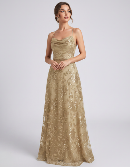 Сhampagne Sequined Lace Spaghetti Strap Cowl Neck A-Line Maxi Dress | Ramblion | SKU: CM-726405193847261-CHAMPAGNE-L,CM-726405193847261-CHAMPAGNE-M,CM-726405193847261-CHAMPAGNE-S,CM-726405193847261-CHAMPAGNE-XL,CM-726405193847261-CHAMPAGNE-XS
