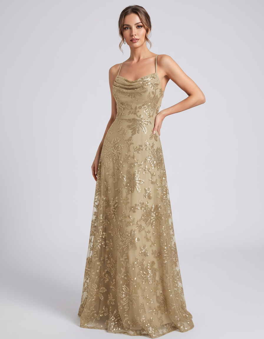 Сhampagne Sequined Lace Spaghetti Strap Cowl Neck A-Line Maxi Dress | Ramblion | SKU: CM-726405193847261-CHAMPAGNE-L,CM-726405193847261-CHAMPAGNE-M,CM-726405193847261-CHAMPAGNE-S,CM-726405193847261-CHAMPAGNE-XL,CM-726405193847261-CHAMPAGNE-XS