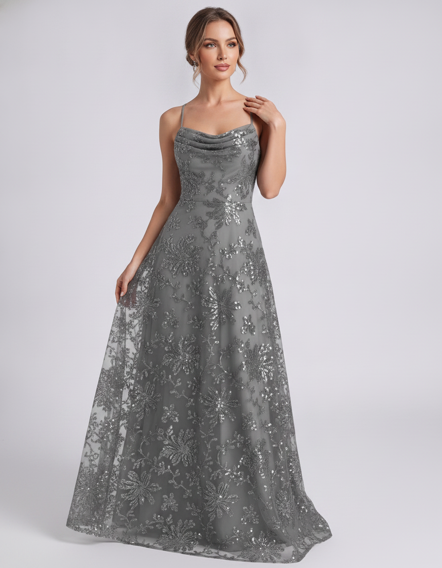 Gray Sequined Lace Spaghetti Strap Cowl Neck A-Line Maxi Dress | Ramblion | SKU: CM-726405193847261-GRAY-L,CM-726405193847261-GRAY-M,CM-726405193847261-GRAY-S,CM-726405193847261-GRAY-XL,CM-726405193847261-GRAY-XS