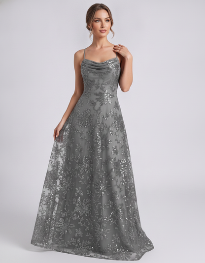 Gray Sequined Lace Spaghetti Strap Cowl Neck A-Line Maxi Dress | Ramblion | SKU: CM-726405193847261-GRAY-L,CM-726405193847261-GRAY-M,CM-726405193847261-GRAY-S,CM-726405193847261-GRAY-XL,CM-726405193847261-GRAY-XS