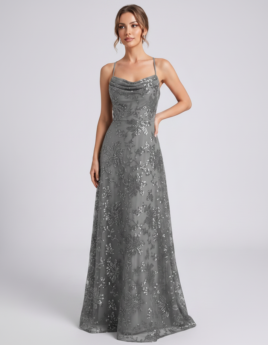 Gray Sequined Lace Spaghetti Strap Cowl Neck A-Line Maxi Dress | Ramblion | SKU: CM-726405193847261-GRAY-L,CM-726405193847261-GRAY-M,CM-726405193847261-GRAY-S,CM-726405193847261-GRAY-XL,CM-726405193847261-GRAY-XS