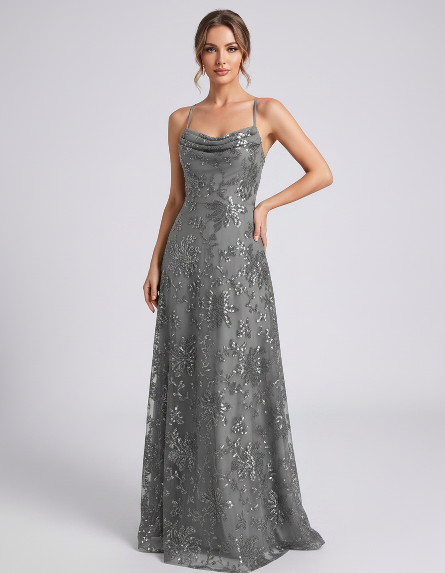 Gray Sequined Lace Spaghetti Strap Cowl Neck A-Line Maxi Dress | Ramblion | SKU: CM-726405193847261-GRAY-L,CM-726405193847261-GRAY-M,CM-726405193847261-GRAY-S,CM-726405193847261-GRAY-XL,CM-726405193847261-GRAY-XS