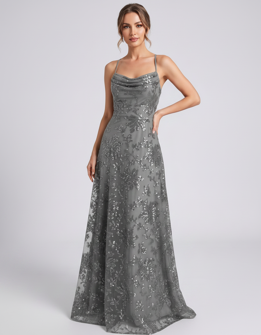 Gray Sequined Lace Spaghetti Strap Cowl Neck A-Line Maxi Dress | Ramblion | SKU: CM-726405193847261-GRAY-L,CM-726405193847261-GRAY-M,CM-726405193847261-GRAY-S,CM-726405193847261-GRAY-XL,CM-726405193847261-GRAY-XS