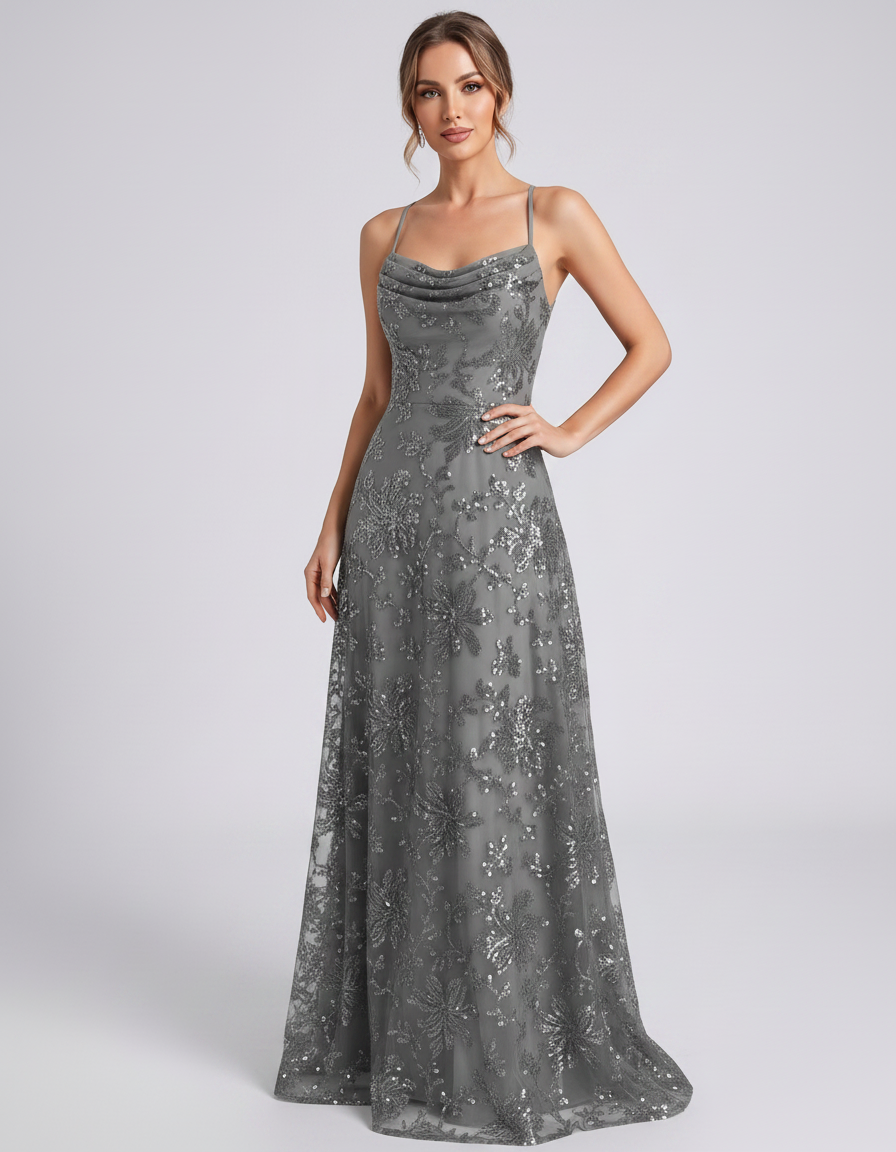 Gray Sequined Lace Spaghetti Strap Cowl Neck A-Line Maxi Dress | Ramblion | SKU: CM-726405193847261-GRAY-L,CM-726405193847261-GRAY-M,CM-726405193847261-GRAY-S,CM-726405193847261-GRAY-XL,CM-726405193847261-GRAY-XS