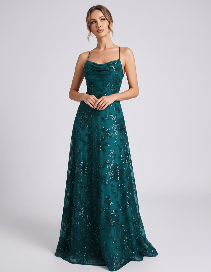Aqua Sequined Lace Spaghetti Strap Cowl Neck A-Line Maxi Dress | Ramblion | SKU: CM-726405193847261-AQUA-L,CM-726405193847261-AQUA-M,CM-726405193847261-AQUA-S,CM-726405193847261-AQUA-XL,CM-726405193847261-AQUA-XS