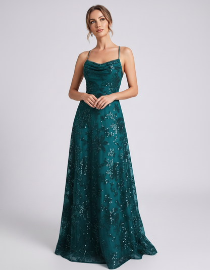 Aqua Sequined Lace Spaghetti Strap Cowl Neck A-Line Maxi Dress | Ramblion | SKU: CM-726405193847261-AQUA-L,CM-726405193847261-AQUA-M,CM-726405193847261-AQUA-S,CM-726405193847261-AQUA-XL,CM-726405193847261-AQUA-XS