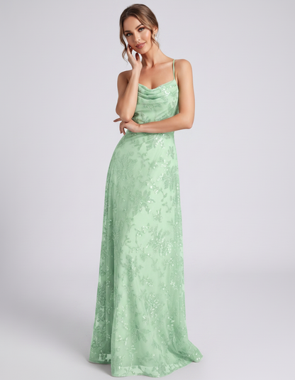 Mint Sequined Lace Spaghetti Strap Cowl Neck A-Line Maxi Dress | Ramblion | SKU: CM-726405193847261-MINT-L,CM-726405193847261-MINT-M,CM-726405193847261-MINT-S,CM-726405193847261-MINT-XL,CM-726405193847261-MINT-XS