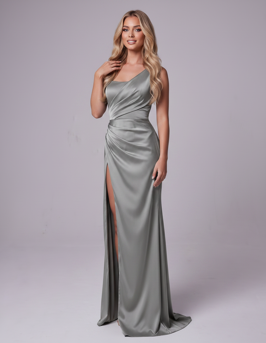 Grey Polyester Satin Sleeveless One-Shoulder A-Line Maxi Dress | Ramblion | SKU: LMD-583947261840157-GREY-L,LMD-583947261840157-GREY-M,LMD-583947261840157-GREY-S,LMD-583947261840157-GREY-XL,LMD-583947261840157-GREY-XS