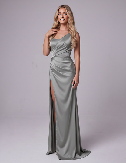 Grey Polyester Satin Sleeveless One-Shoulder A-Line Maxi Dress | Ramblion | SKU: LMD-583947261840157-GREY-L,LMD-583947261840157-GREY-M,LMD-583947261840157-GREY-S,LMD-583947261840157-GREY-XL,LMD-583947261840157-GREY-XS