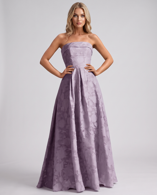 Mauve Floral Jacquard Strapless Straight Neck A-Line Maxi Dress | Ramblion