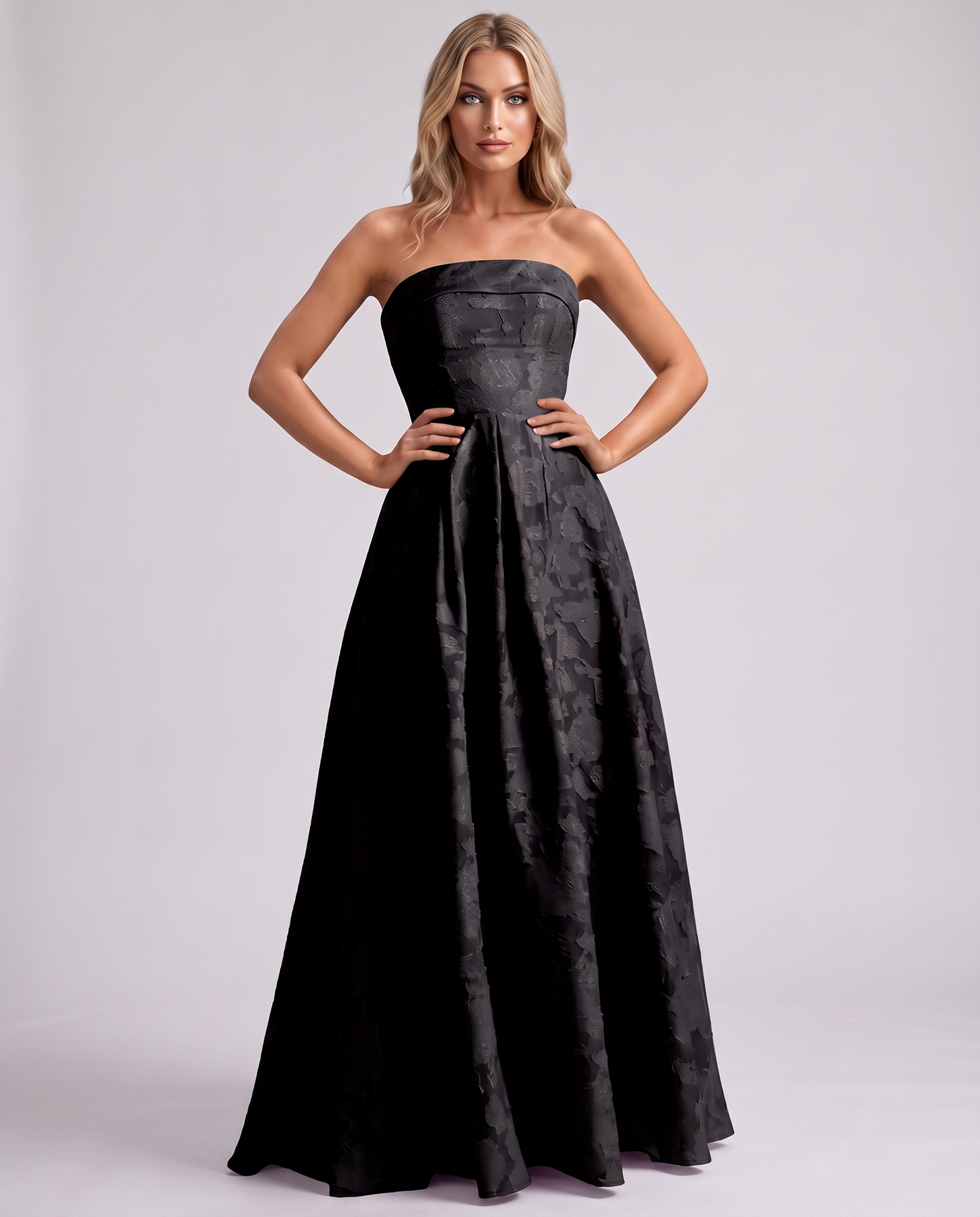 Black Floral Jacquard Strapless Straight Neck A-Line Maxi Dress | Ramblion