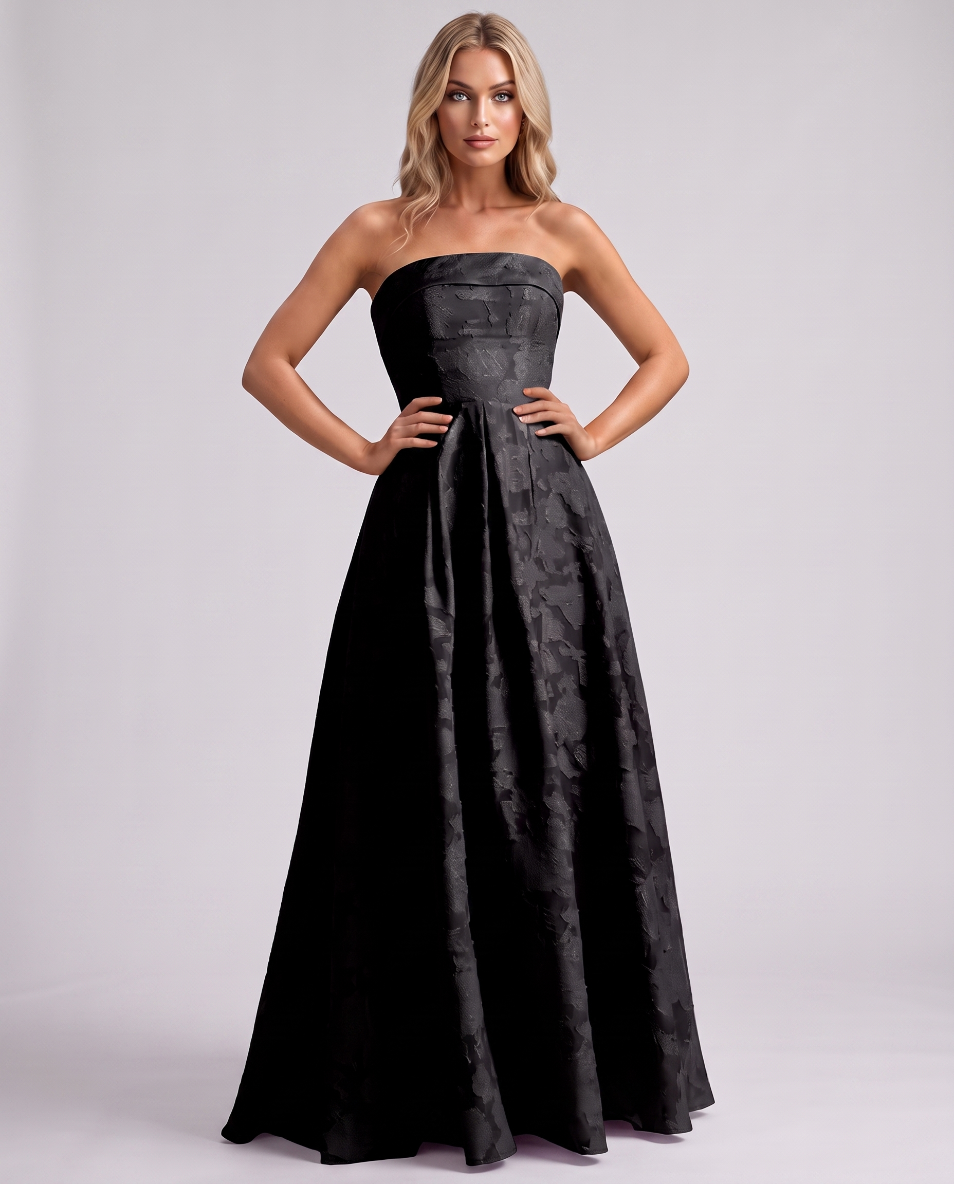 Black Floral Jacquard Strapless Straight Neck A-Line Maxi Dress | Ramblion