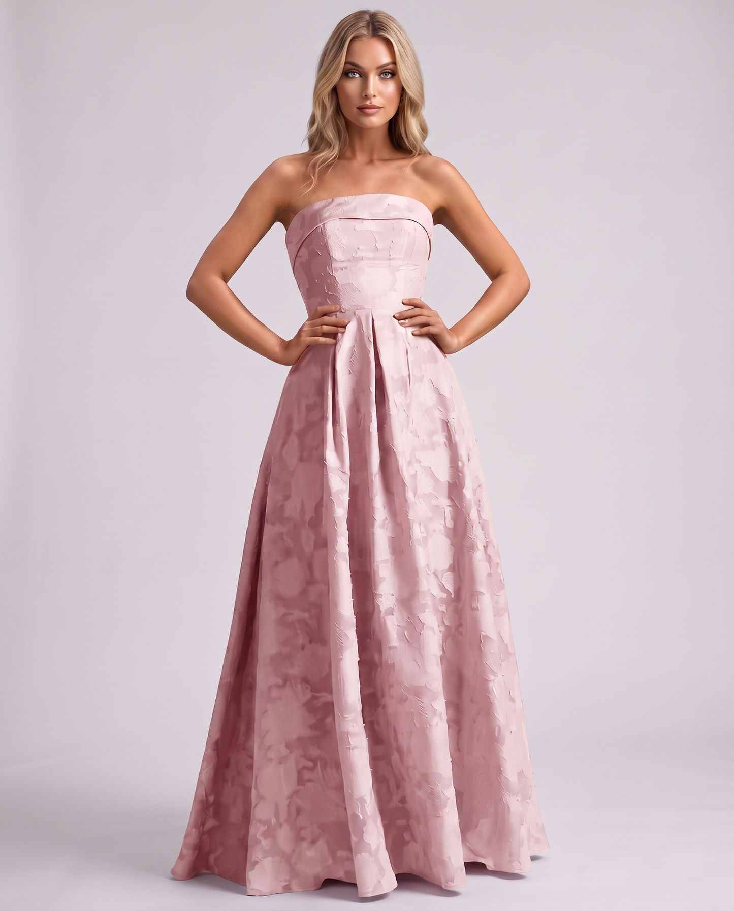 Blush Floral Jacquard Strapless Straight Neck A-Line Maxi Dress | Ramblion