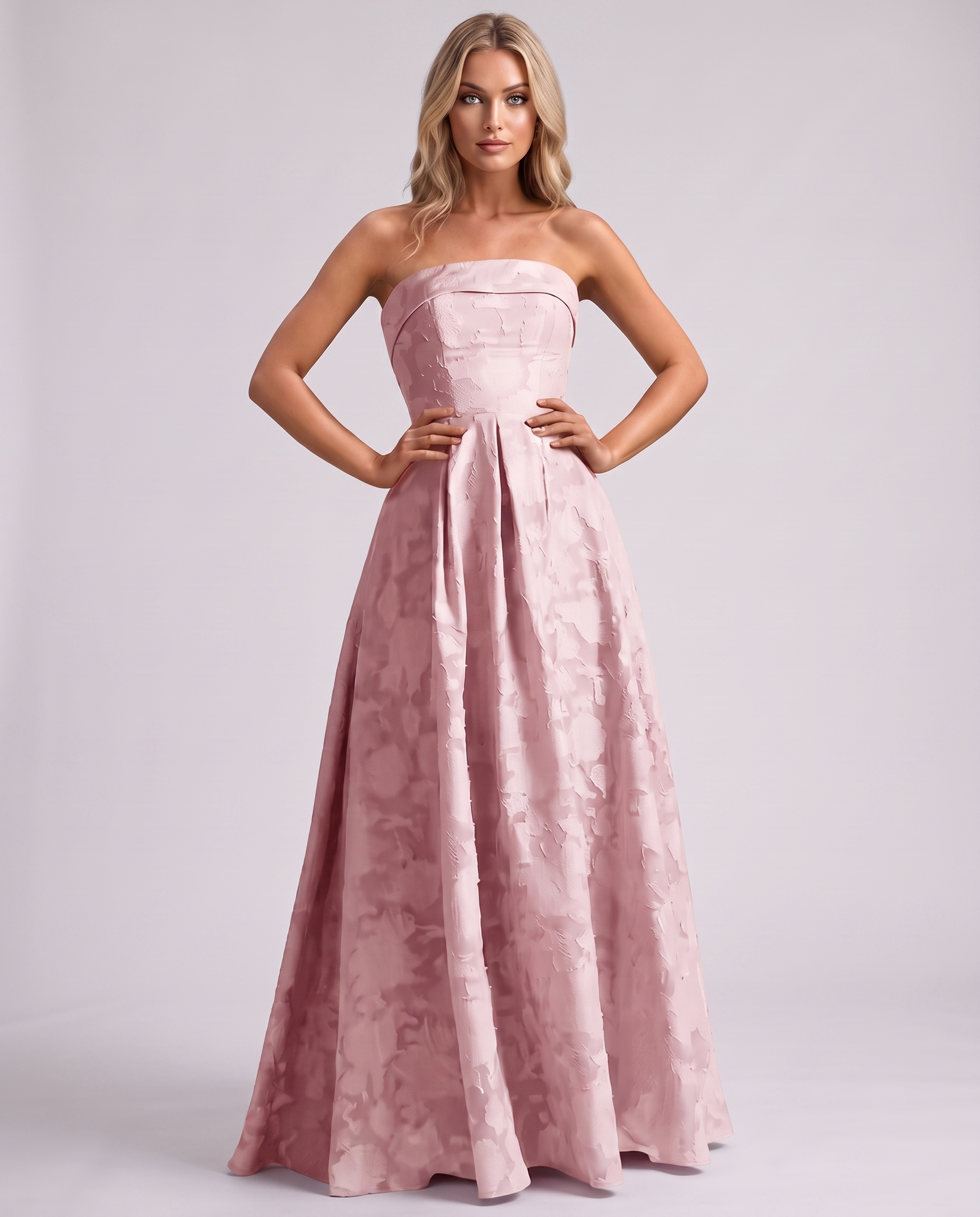 Blush Floral Jacquard Strapless Straight Neck A-Line Maxi Dress | Ramblion