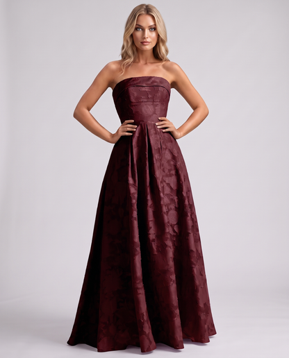 Burgundy Floral Jacquard Strapless Straight Neck A-Line Maxi Dress | Ramblion