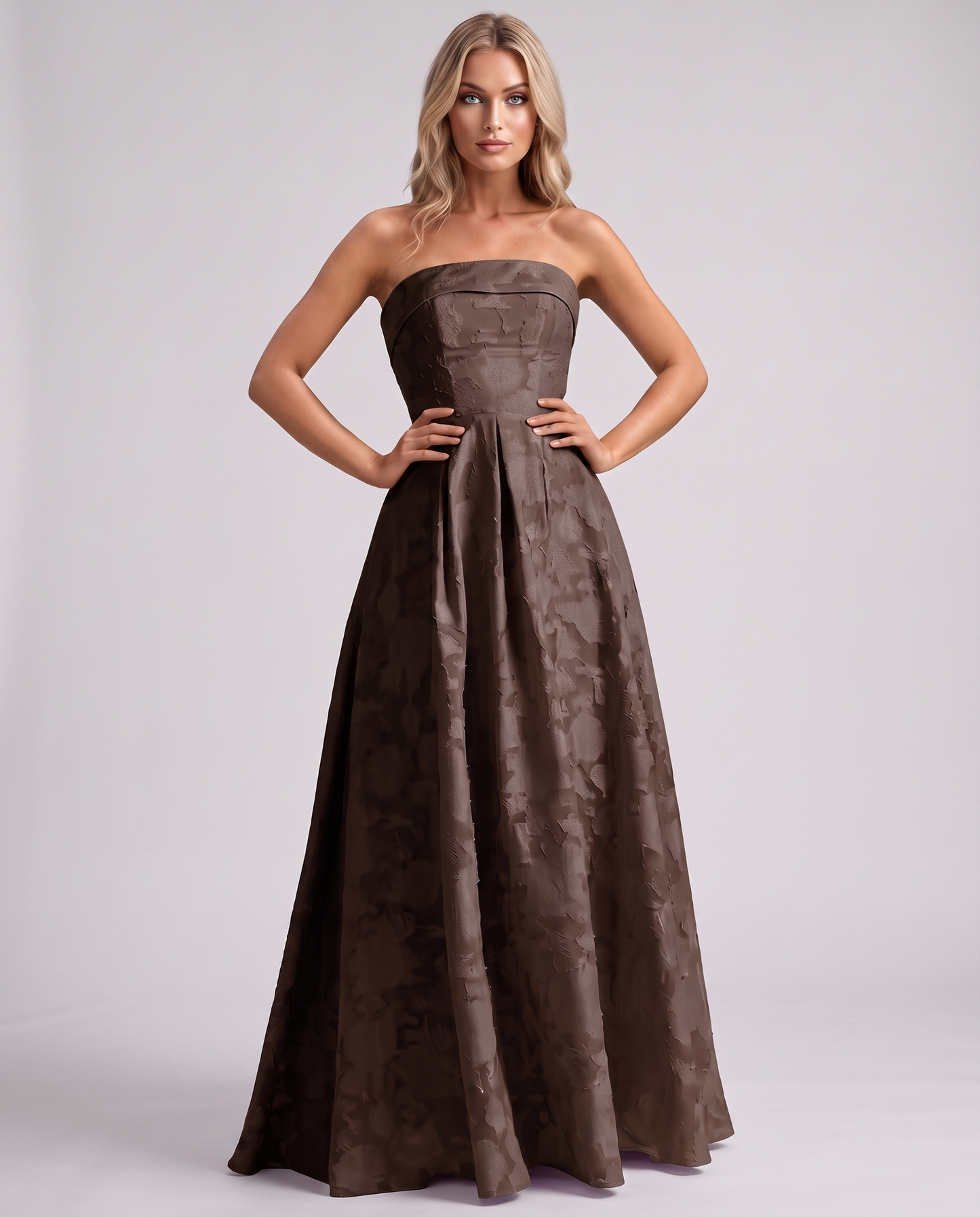 Brown Floral Jacquard Strapless Straight Neck A-Line Maxi Dress | Ramblion