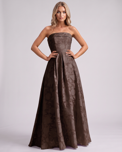 Brown Floral Jacquard Strapless Straight Neck A-Line Maxi Dress | Ramblion