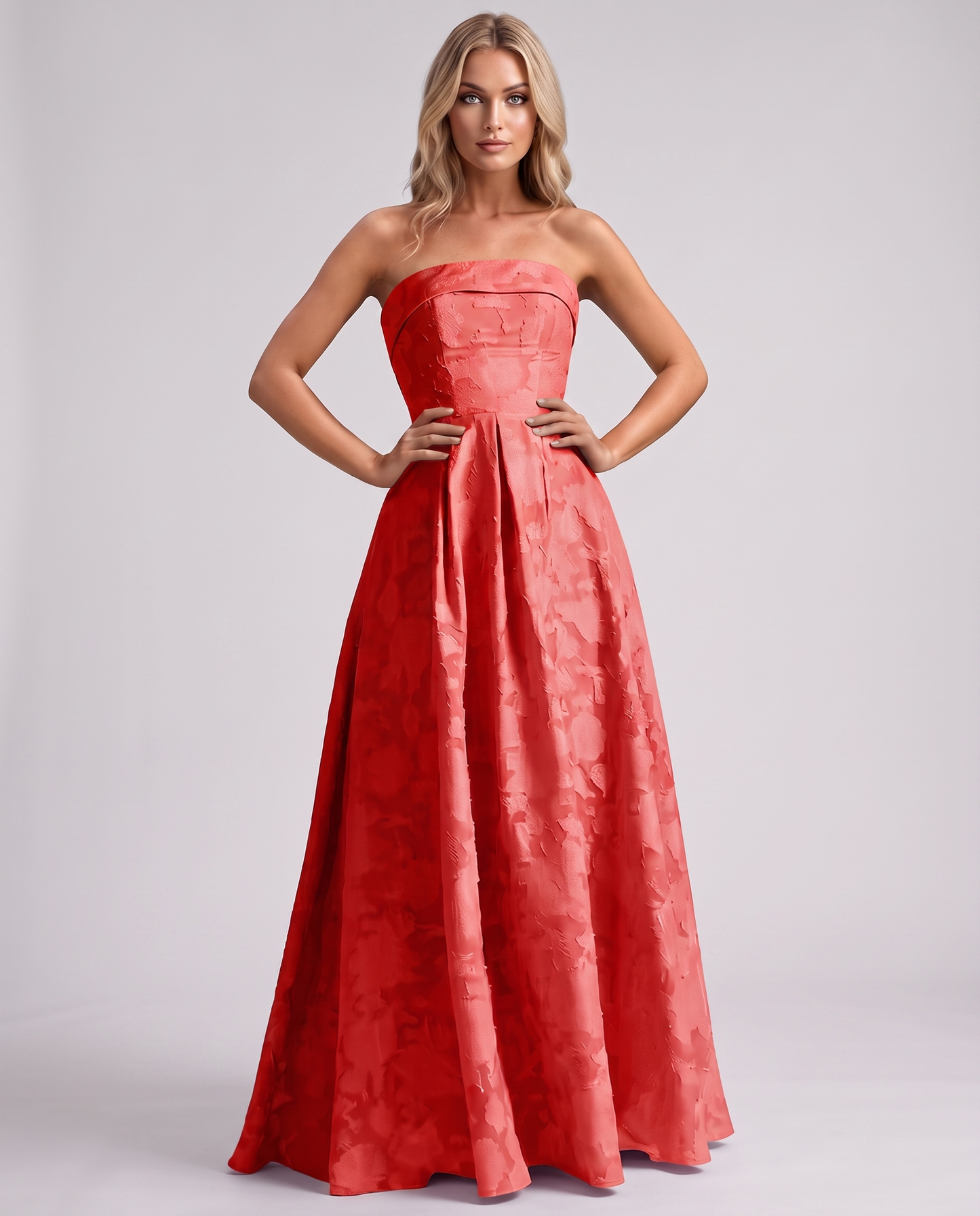 Coral Floral Jacquard Strapless Straight Neck A-Line Maxi Dress | Ramblion