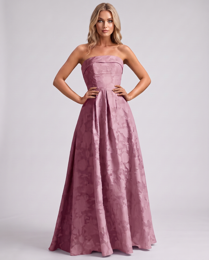 Dusty pink Floral Jacquard Strapless Straight Neck A-Line Maxi Dress | Ramblion