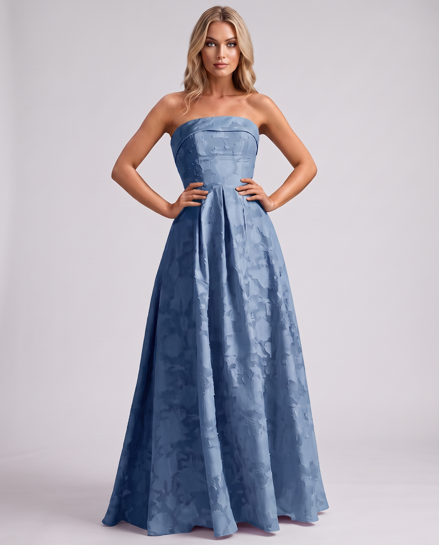 Dusty blue Floral Jacquard Strapless Straight Neck A-Line Maxi Dress | Ramblion
