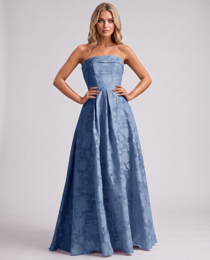 Dusty blue Floral Jacquard Strapless Straight Neck A-Line Maxi Dress | Ramblion