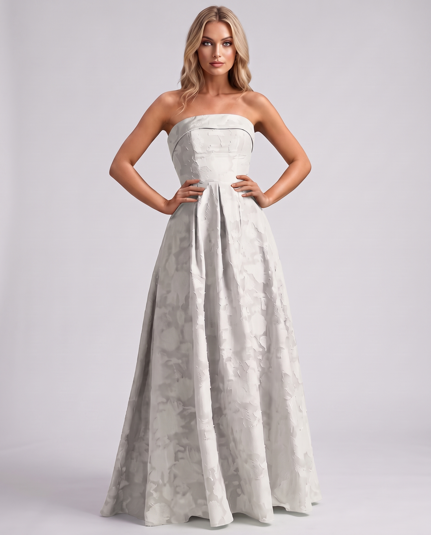 Ivory Floral Jacquard Strapless Straight Neck A-Line Maxi Dress | Ramblion